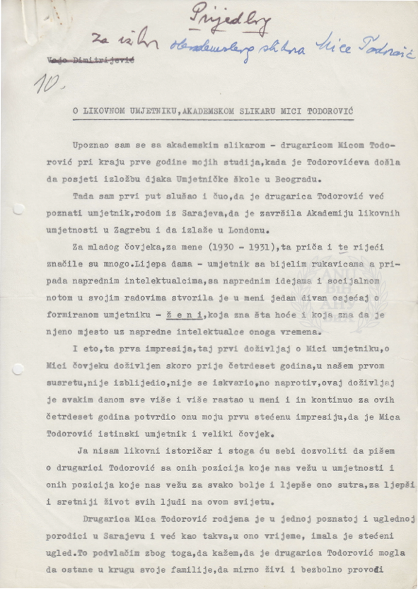 Tekst V. Dimitrijevića O likovnom umjetniku ak. slikaru M. Todorović